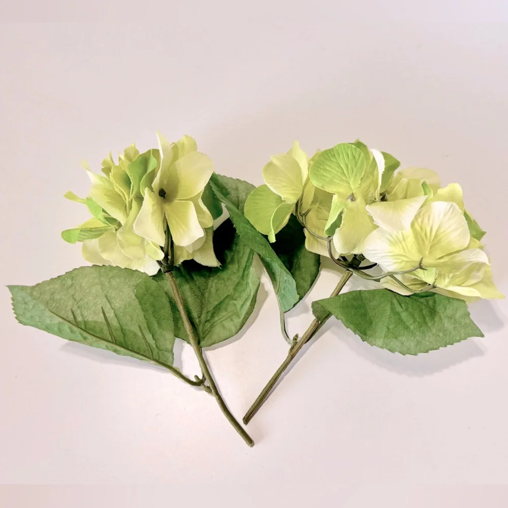 2 SHABBY CHIC Green Hydrangeas w Stems Floral Arrangement Faux Flower LIFELIKE